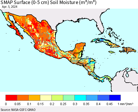 Mexico Central America and the Caribbean SMAP Surface (0-5 cm) Soil Moisture (m³/m³) Thematic Map For 4/1/2024 - 4/5/2024