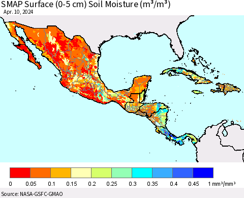 Mexico Central America and the Caribbean SMAP Surface (0-5 cm) Soil Moisture (m³/m³) Thematic Map For 4/6/2024 - 4/10/2024