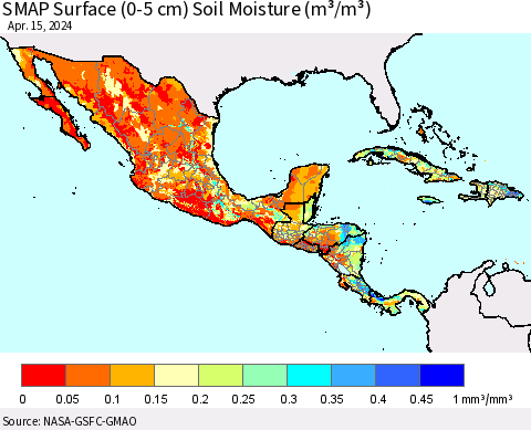 Mexico Central America and the Caribbean SMAP Surface (0-5 cm) Soil Moisture (m³/m³) Thematic Map For 4/11/2024 - 4/15/2024