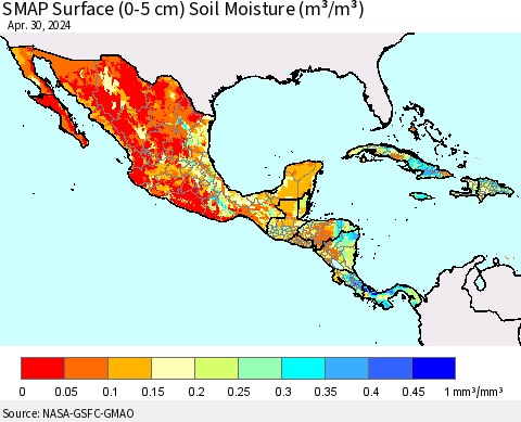Mexico Central America and the Caribbean SMAP Surface (0-5 cm) Soil Moisture (m³/m³) Thematic Map For 4/26/2024 - 4/30/2024