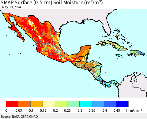 Mexico Central America and the Caribbean SMAP Surface (0-5 cm) Soil Moisture (m³/m³) Thematic Map For 5/6/2024 - 5/10/2024