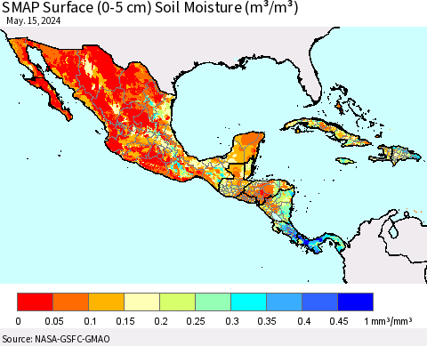 Mexico Central America and the Caribbean SMAP Surface (0-5 cm) Soil Moisture (m³/m³) Thematic Map For 5/11/2024 - 5/15/2024