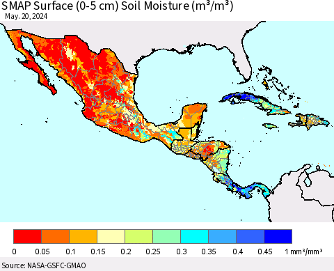 Mexico Central America and the Caribbean SMAP Surface (0-5 cm) Soil Moisture (m³/m³) Thematic Map For 5/16/2024 - 5/20/2024