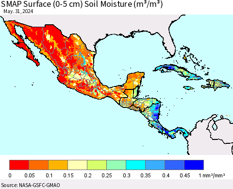 Mexico Central America and the Caribbean SMAP Surface (0-5 cm) Soil Moisture (m³/m³) Thematic Map For 5/26/2024 - 5/31/2024