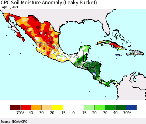 Mexico Central America and the Caribbean CPC Soil Moisture Anomaly (Leaky Bucket) Thematic Map For 4/1/2021 - 4/5/2021