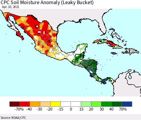 Mexico Central America and the Caribbean CPC Soil Moisture Anomaly (Leaky Bucket) Thematic Map For 4/6/2021 - 4/10/2021