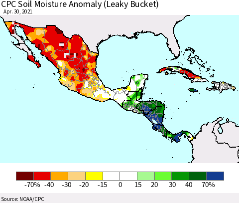 Mexico Central America and the Caribbean CPC Soil Moisture Anomaly (Leaky Bucket) Thematic Map For 4/26/2021 - 4/30/2021