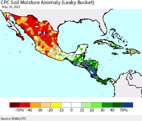 Mexico Central America and the Caribbean CPC Soil Moisture Anomaly (Leaky Bucket) Thematic Map For 5/6/2021 - 5/10/2021