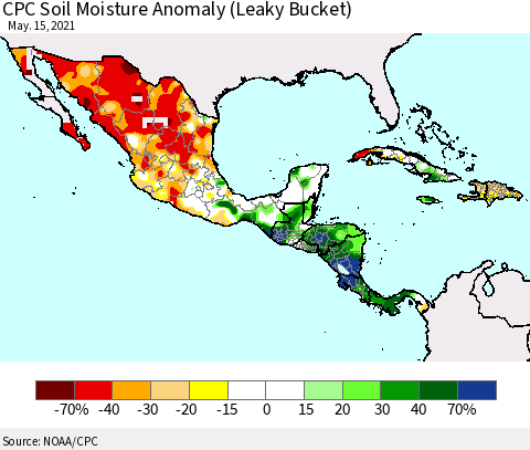 Mexico Central America and the Caribbean CPC Soil Moisture Anomaly (Leaky Bucket) Thematic Map For 5/11/2021 - 5/15/2021