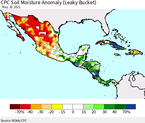 Mexico Central America and the Caribbean CPC Soil Moisture Anomaly (Leaky Bucket) Thematic Map For 5/16/2021 - 5/20/2021
