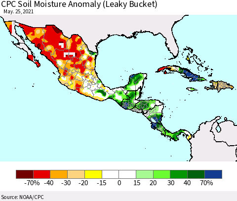 Mexico Central America and the Caribbean CPC Soil Moisture Anomaly (Leaky Bucket) Thematic Map For 5/21/2021 - 5/25/2021