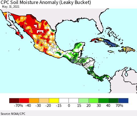 Mexico Central America and the Caribbean CPC Soil Moisture Anomaly (Leaky Bucket) Thematic Map For 5/26/2021 - 5/31/2021