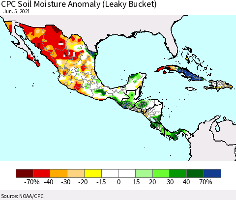 Mexico Central America and the Caribbean CPC Soil Moisture Anomaly (Leaky Bucket) Thematic Map For 6/1/2021 - 6/5/2021