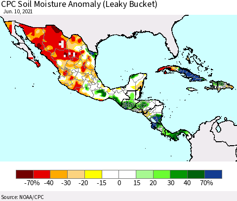 Mexico Central America and the Caribbean CPC Soil Moisture Anomaly (Leaky Bucket) Thematic Map For 6/6/2021 - 6/10/2021