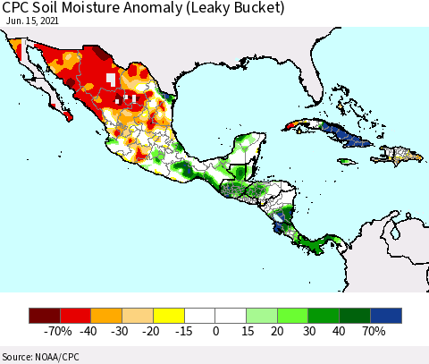 Mexico Central America and the Caribbean CPC Soil Moisture Anomaly (Leaky Bucket) Thematic Map For 6/11/2021 - 6/15/2021