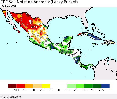 Mexico Central America and the Caribbean CPC Soil Moisture Anomaly (Leaky Bucket) Thematic Map For 6/16/2021 - 6/20/2021