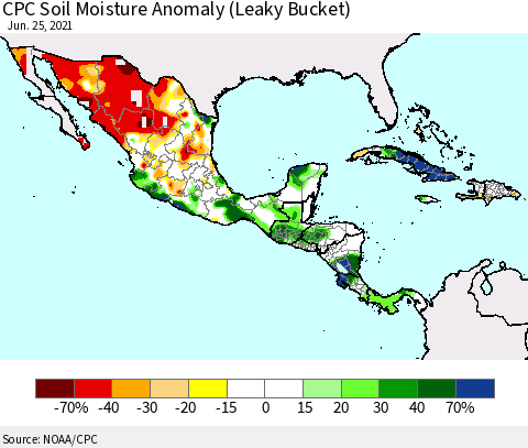 Mexico Central America and the Caribbean CPC Soil Moisture Anomaly (Leaky Bucket) Thematic Map For 6/21/2021 - 6/25/2021