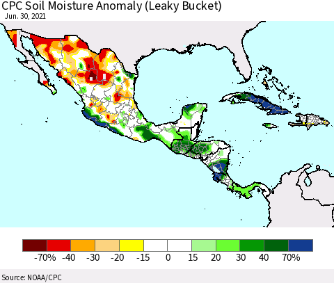 Mexico Central America and the Caribbean CPC Soil Moisture Anomaly (Leaky Bucket) Thematic Map For 6/26/2021 - 6/30/2021