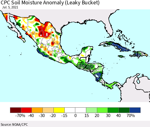 Mexico Central America and the Caribbean CPC Soil Moisture Anomaly (Leaky Bucket) Thematic Map For 7/1/2021 - 7/5/2021