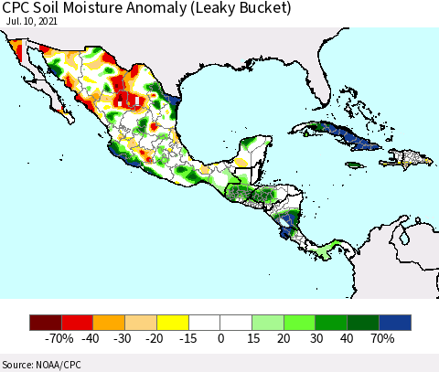 Mexico Central America and the Caribbean CPC Soil Moisture Anomaly (Leaky Bucket) Thematic Map For 7/6/2021 - 7/10/2021