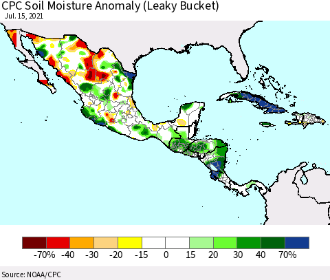 Mexico Central America and the Caribbean CPC Soil Moisture Anomaly (Leaky Bucket) Thematic Map For 7/11/2021 - 7/15/2021