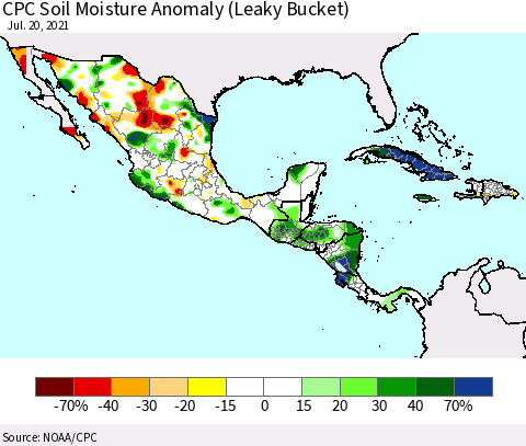 Mexico Central America and the Caribbean CPC Soil Moisture Anomaly (Leaky Bucket) Thematic Map For 7/16/2021 - 7/20/2021