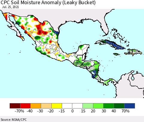 Mexico Central America and the Caribbean CPC Soil Moisture Anomaly (Leaky Bucket) Thematic Map For 7/21/2021 - 7/25/2021