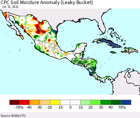 Mexico Central America and the Caribbean CPC Soil Moisture Anomaly (Leaky Bucket) Thematic Map For 7/26/2021 - 7/31/2021