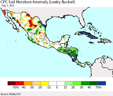 Mexico Central America and the Caribbean CPC Soil Moisture Anomaly (Leaky Bucket) Thematic Map For 8/1/2021 - 8/5/2021