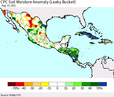 Mexico Central America and the Caribbean CPC Soil Moisture Anomaly (Leaky Bucket) Thematic Map For 8/6/2021 - 8/10/2021