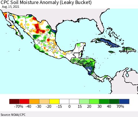 Mexico Central America and the Caribbean CPC Soil Moisture Anomaly (Leaky Bucket) Thematic Map For 8/11/2021 - 8/15/2021