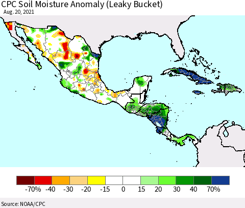 Mexico Central America and the Caribbean CPC Soil Moisture Anomaly (Leaky Bucket) Thematic Map For 8/16/2021 - 8/20/2021