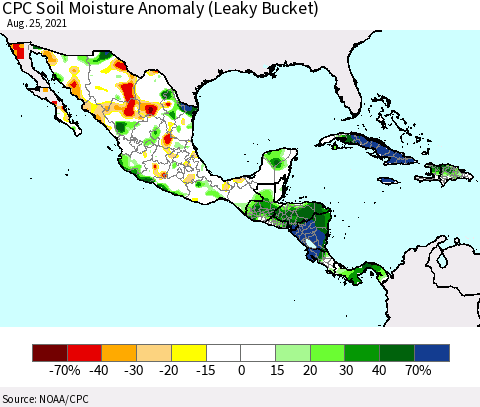Mexico Central America and the Caribbean CPC Soil Moisture Anomaly (Leaky Bucket) Thematic Map For 8/21/2021 - 8/25/2021