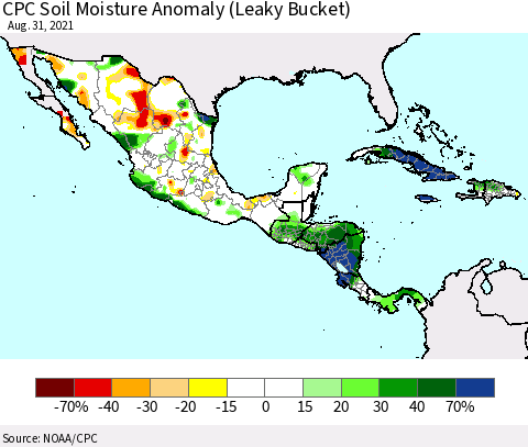 Mexico Central America and the Caribbean CPC Soil Moisture Anomaly (Leaky Bucket) Thematic Map For 8/26/2021 - 8/31/2021