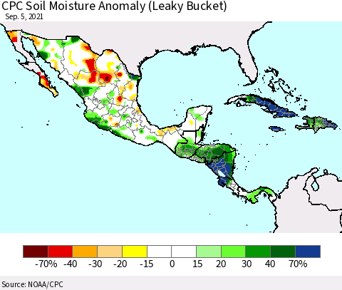 Mexico Central America and the Caribbean CPC Soil Moisture Anomaly (Leaky Bucket) Thematic Map For 9/1/2021 - 9/5/2021