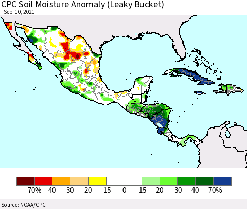 Mexico Central America and the Caribbean CPC Soil Moisture Anomaly (Leaky Bucket) Thematic Map For 9/6/2021 - 9/10/2021