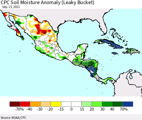 Mexico Central America and the Caribbean CPC Soil Moisture Anomaly (Leaky Bucket) Thematic Map For 9/11/2021 - 9/15/2021