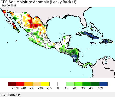 Mexico Central America and the Caribbean CPC Soil Moisture Anomaly (Leaky Bucket) Thematic Map For 9/16/2021 - 9/20/2021