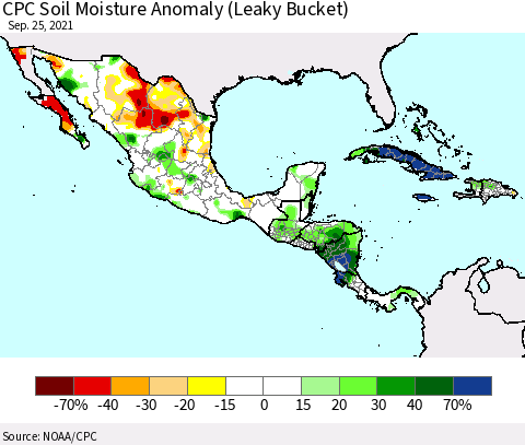 Mexico Central America and the Caribbean CPC Soil Moisture Anomaly (Leaky Bucket) Thematic Map For 9/21/2021 - 9/25/2021