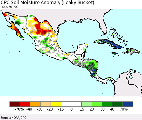 Mexico Central America and the Caribbean CPC Soil Moisture Anomaly (Leaky Bucket) Thematic Map For 9/26/2021 - 9/30/2021