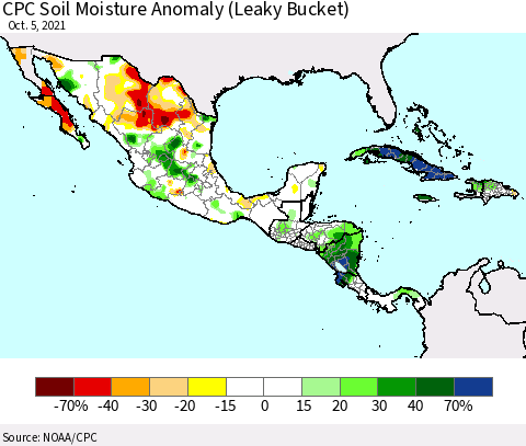 Mexico Central America and the Caribbean CPC Soil Moisture Anomaly (Leaky Bucket) Thematic Map For 10/1/2021 - 10/5/2021