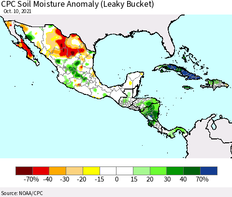 Mexico Central America and the Caribbean CPC Soil Moisture Anomaly (Leaky Bucket) Thematic Map For 10/6/2021 - 10/10/2021
