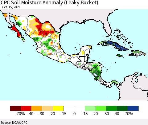 Mexico Central America and the Caribbean CPC Soil Moisture Anomaly (Leaky Bucket) Thematic Map For 10/11/2021 - 10/15/2021