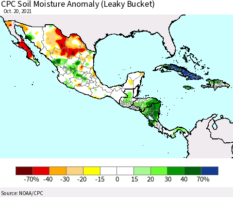 Mexico Central America and the Caribbean CPC Soil Moisture Anomaly (Leaky Bucket) Thematic Map For 10/16/2021 - 10/20/2021