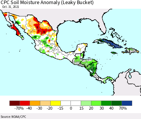 Mexico Central America and the Caribbean CPC Soil Moisture Anomaly (Leaky Bucket) Thematic Map For 10/26/2021 - 10/31/2021