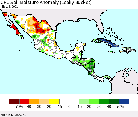 Mexico Central America and the Caribbean CPC Soil Moisture Anomaly (Leaky Bucket) Thematic Map For 11/1/2021 - 11/5/2021