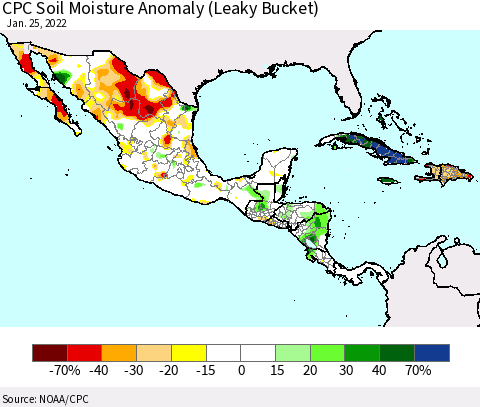 Mexico Central America and the Caribbean CPC Soil Moisture Anomaly (Leaky Bucket) Thematic Map For 1/21/2022 - 1/25/2022