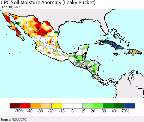 Mexico Central America and the Caribbean CPC Soil Moisture Anomaly (Leaky Bucket) Thematic Map For 2/6/2022 - 2/10/2022