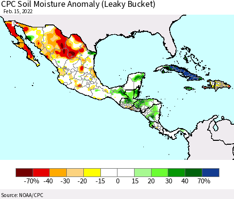 Mexico Central America and the Caribbean CPC Soil Moisture Anomaly (Leaky Bucket) Thematic Map For 2/11/2022 - 2/15/2022