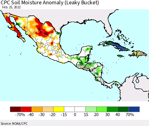 Mexico Central America and the Caribbean CPC Soil Moisture Anomaly (Leaky Bucket) Thematic Map For 2/21/2022 - 2/25/2022